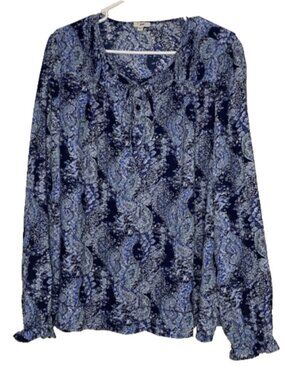 Joie XL Women's Abstract Blue Tassel Pleated Peasant Top Blouse